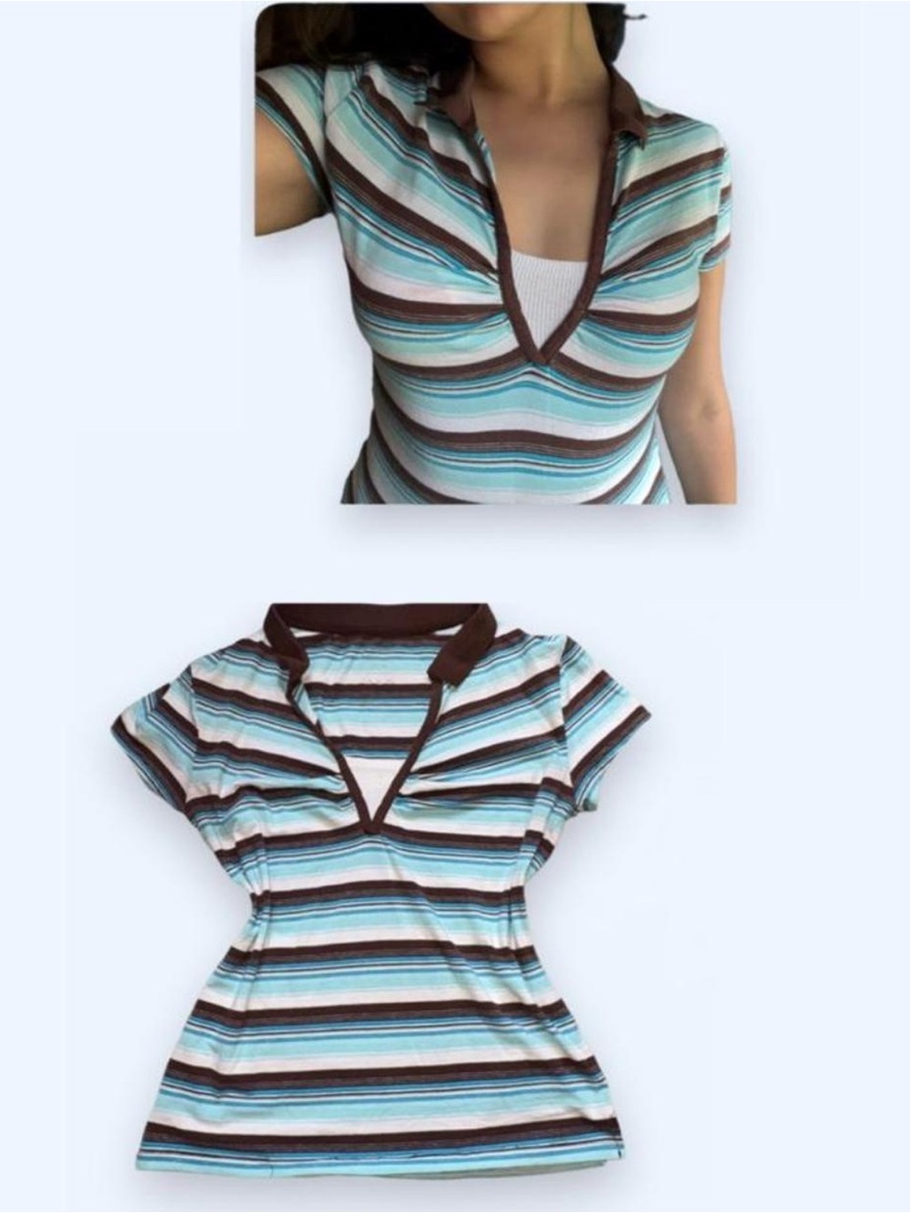 Vintage Y2K Blue & Brown Striped Polo Baby Tee w/ Mock Layer Cami